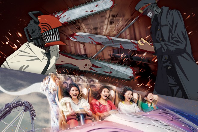 Chainsaw Man × Hollywood Dream: The Ride – KICK BACK: Katana vs. Chainsaw ver. matches high-speed thrills with a battle between Chainsaw Man and Samurai Sword.